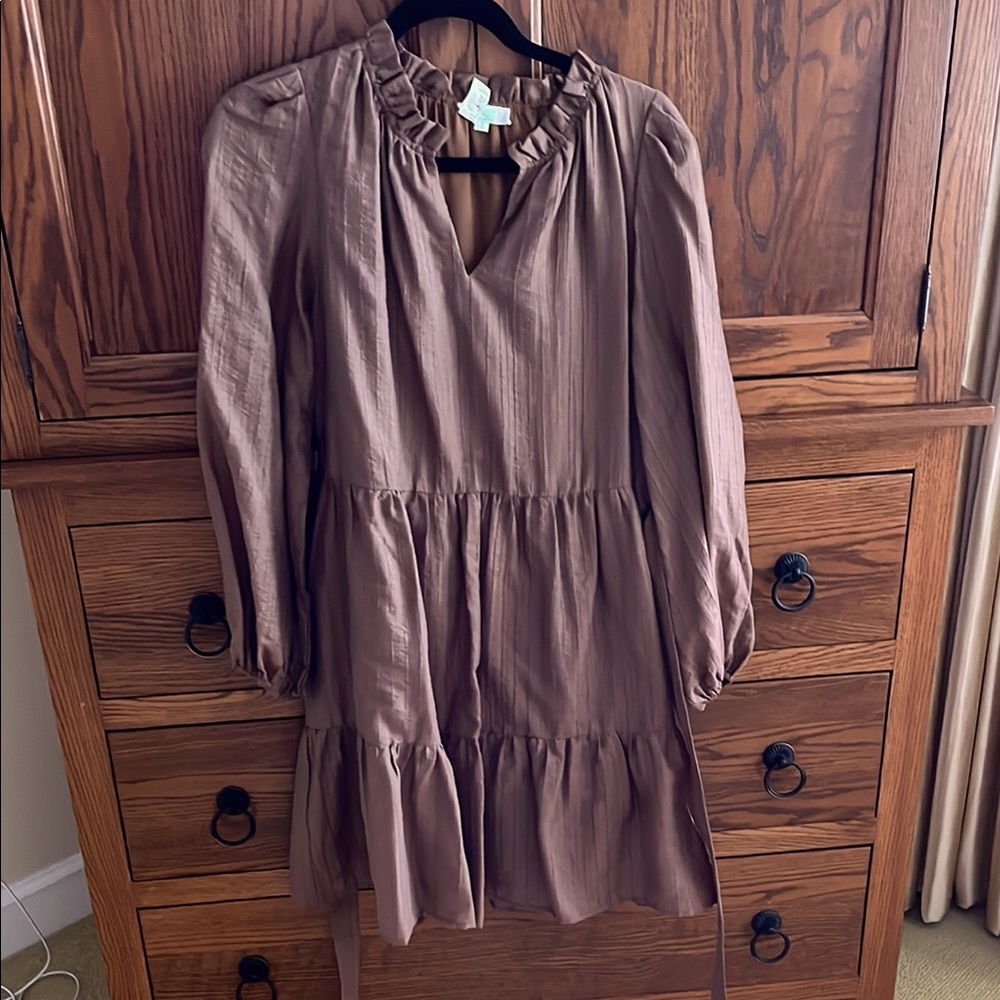 Brown Tiered Ruffle Neck Dress